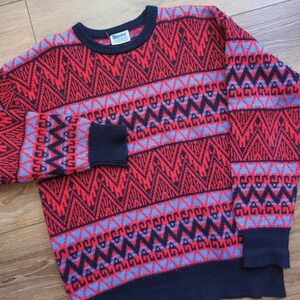 Vintage Meister Wool Ski Sweater Fair Isle Red Navy Blue Geometric XL